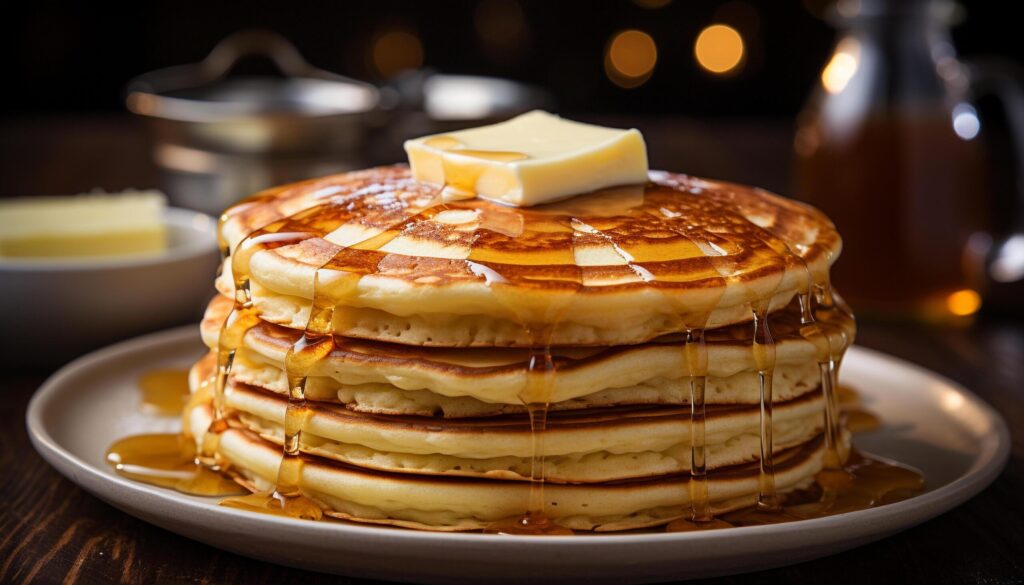 Fresh homemade pancakes stacked on a plate with syrup and butter generated by AI Free Photo