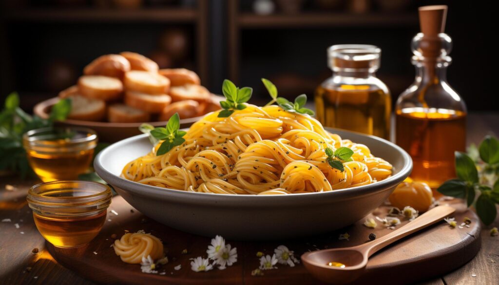 Fresh homemade pasta on rustic wooden table, healthy gourmet meal generated by AI Free Photo