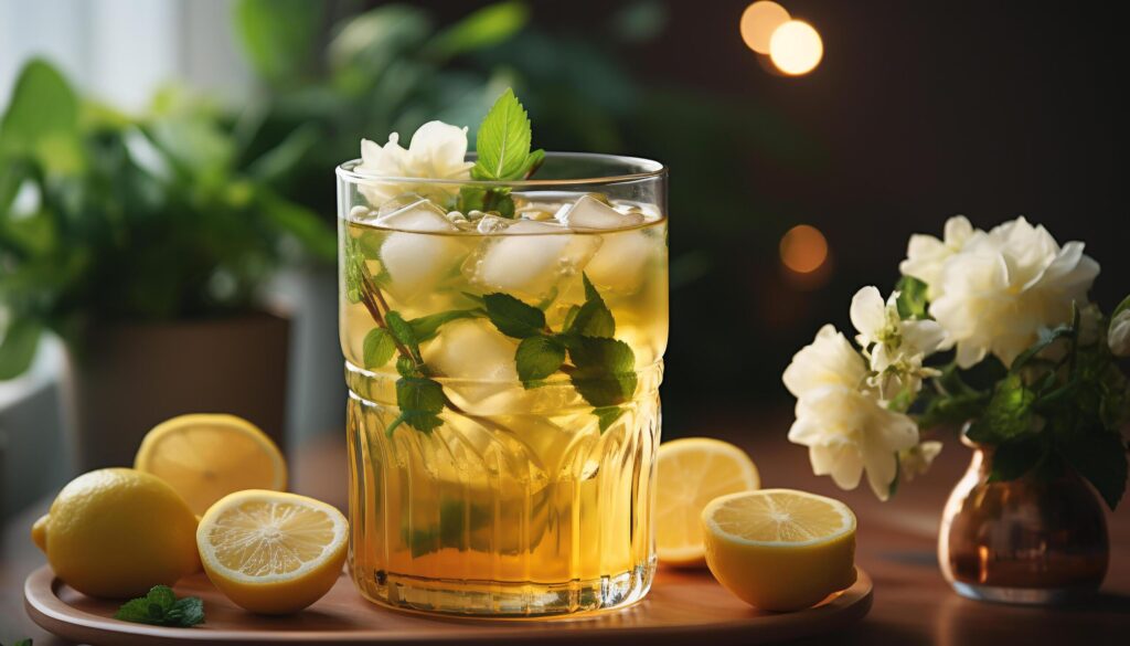 Fresh lemonade on a wooden table, a refreshing summer drink generated by AI Free Photo