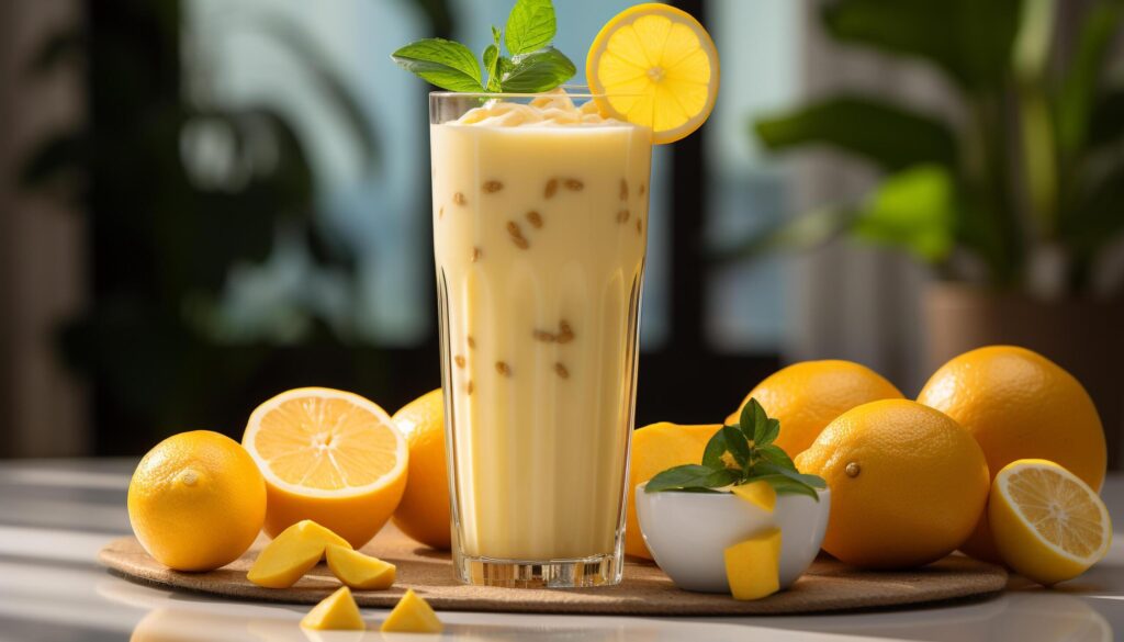 Fresh lemonade on wooden table, a refreshing summer drink generated by AI Free Photo