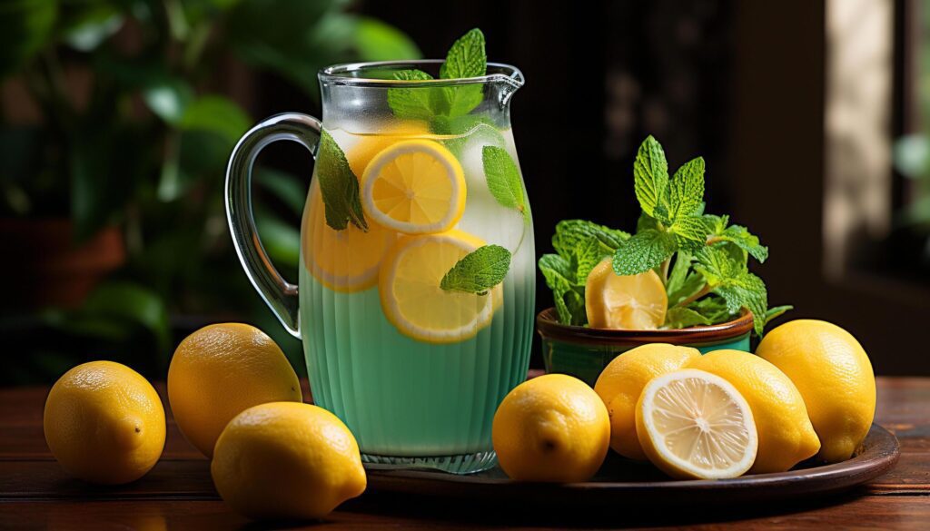 Fresh lemonade with mint leaf, ice, and citrus fruit generated by AI Free Photo