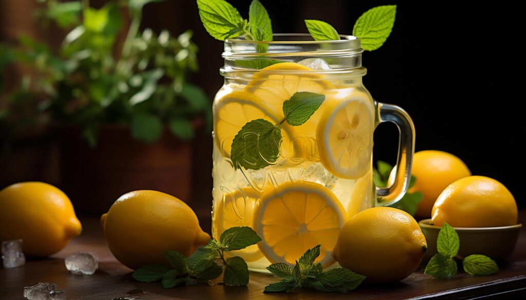 Fresh lemonade with mint leaf, served on wooden table generated by AI Free Photo