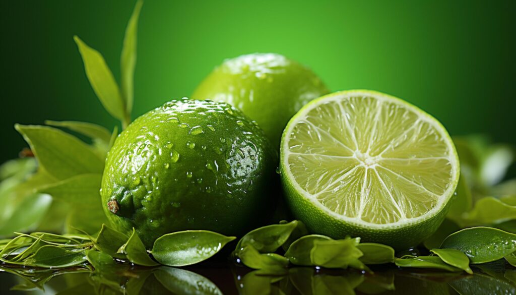 Fresh lime slice, juicy and refreshing, on a green leaf generated by AI Free Photo