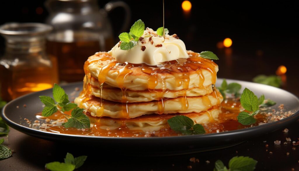 Fresh mint leaf enhances the gourmet pancake sweetness generated by AI Free Photo