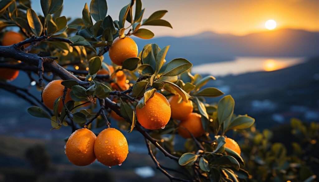 Fresh orange citrus fruit on a tree in nature generated by AI Free Photo