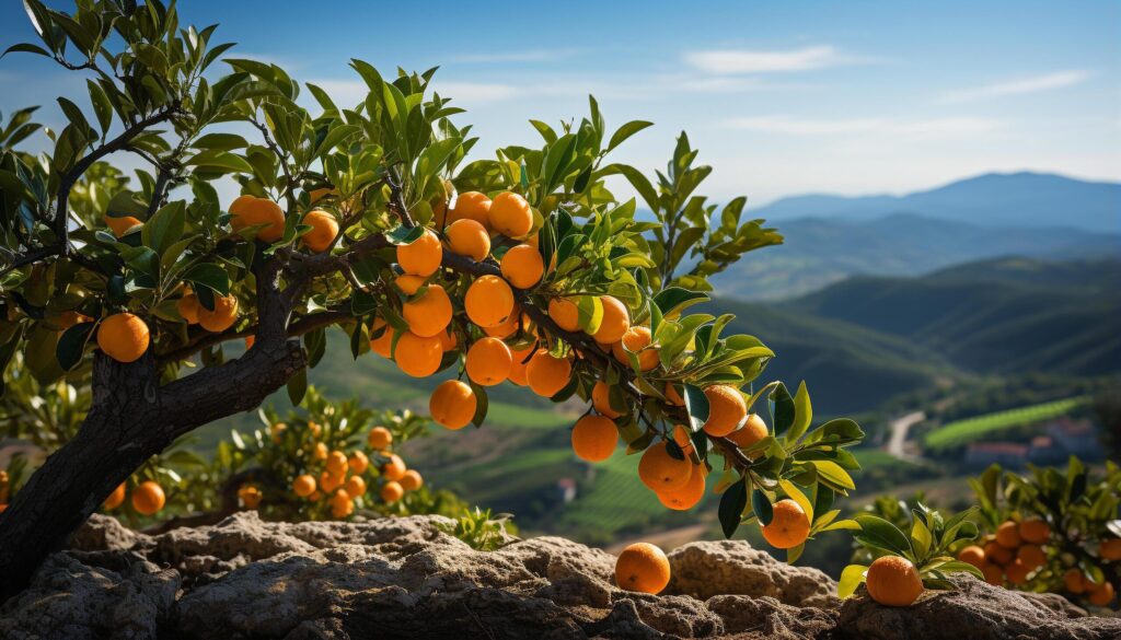 Fresh orange fruit on tree in sunny orchard generated by AI Free Photo