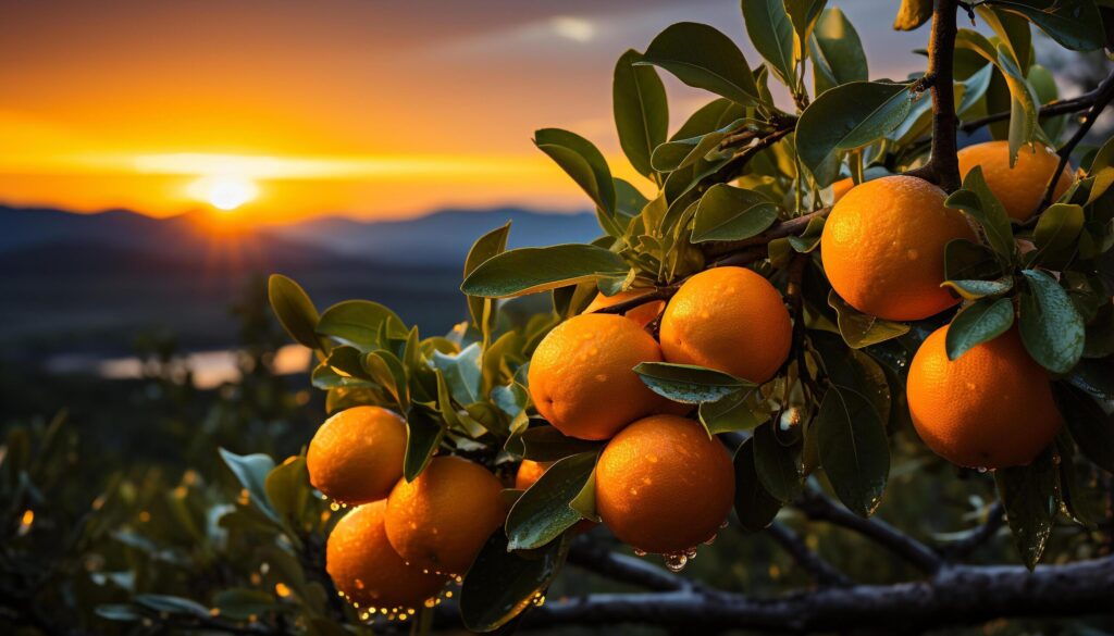 Fresh orange fruit on tree in vibrant sunset landscape generated by AI Free Photo