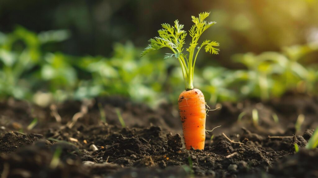 Fresh organic carrots growing in the soil. Vegetable garden concept. Free Photo