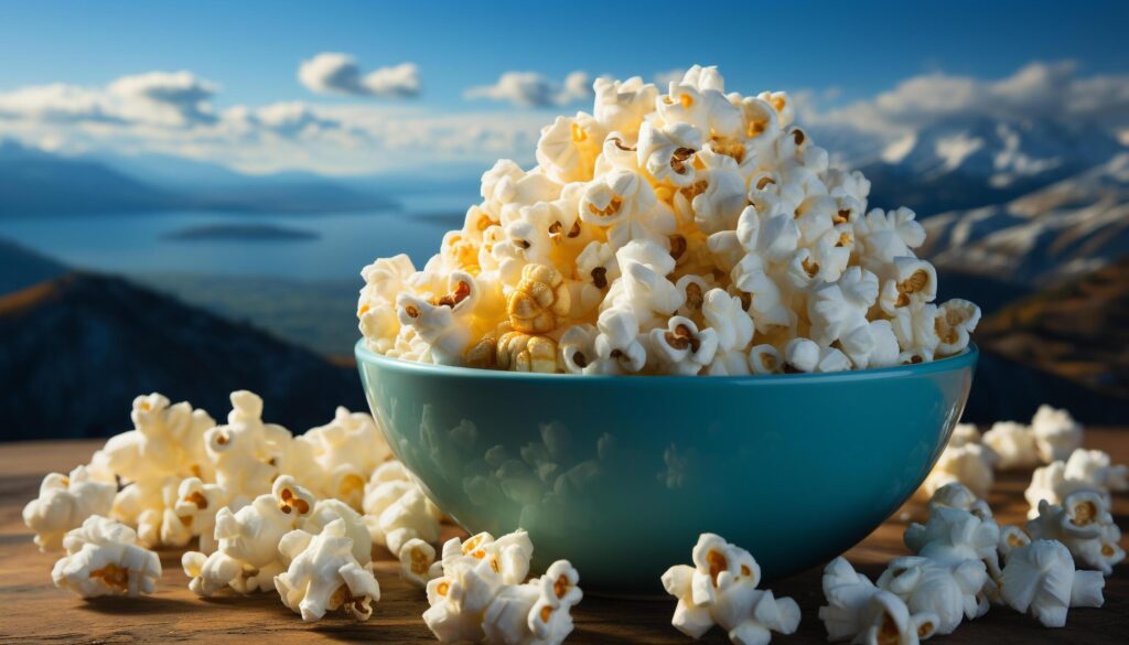 Fresh organic fruit bowl on wooden table, watching movie outdoors generated by AI Free Photo