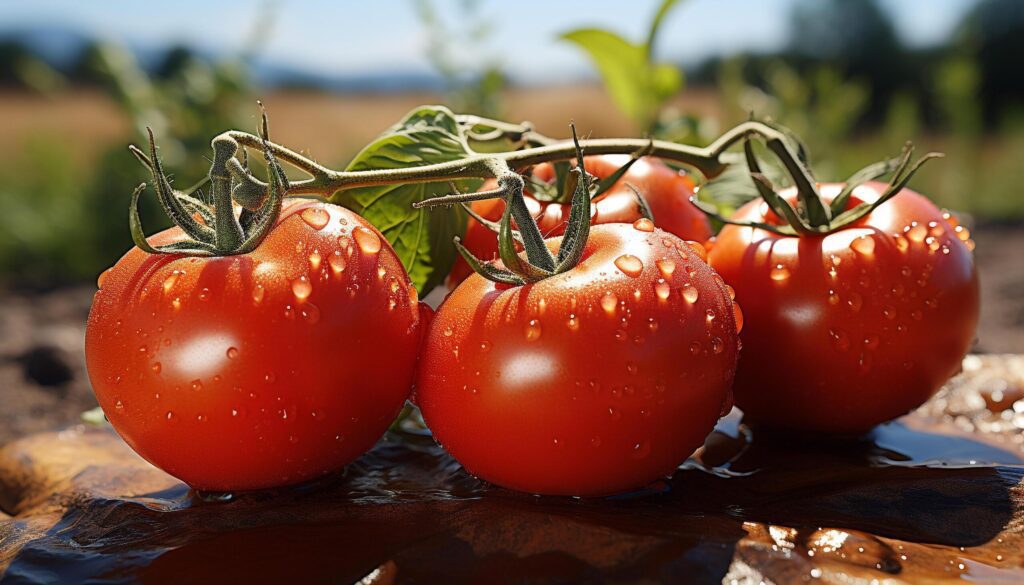 Fresh organic tomato, a drop of water, nature healthy refreshment generated by AI Free Photo