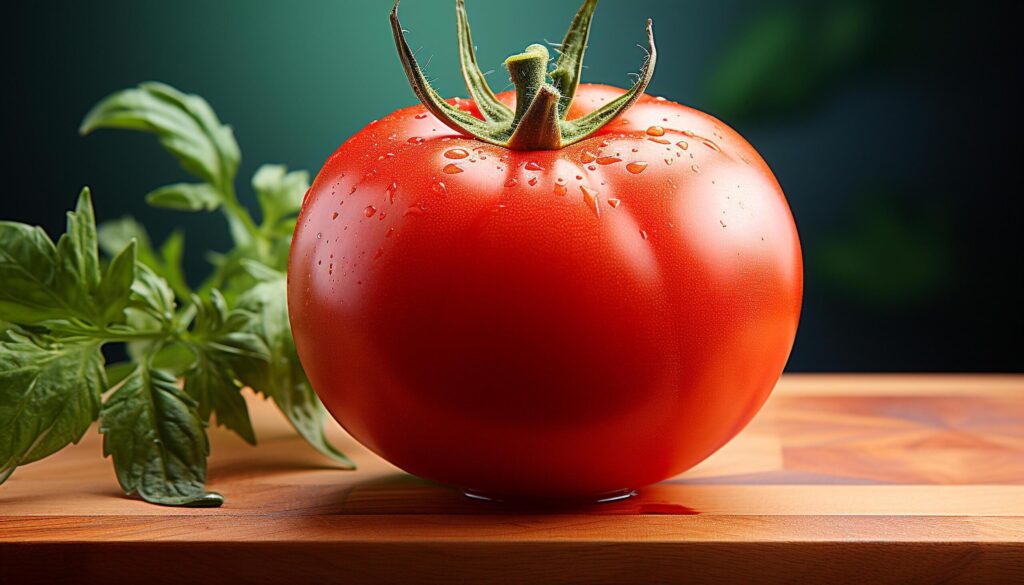 Fresh organic tomato, ripe and healthy, on wooden table generated by AI Free Photo