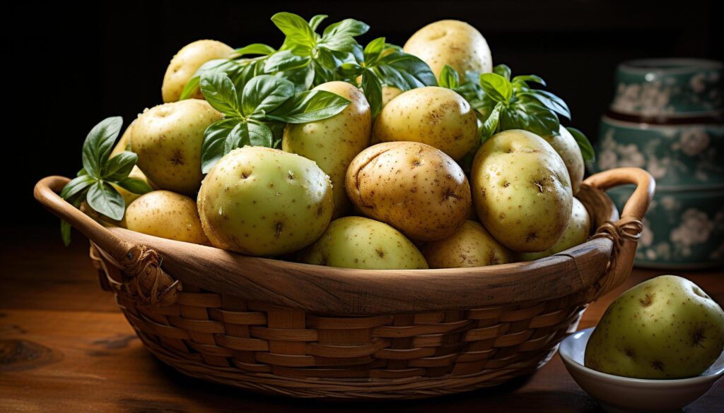 Fresh organic vegetables in a rustic wooden basket generated by AI Free Photo