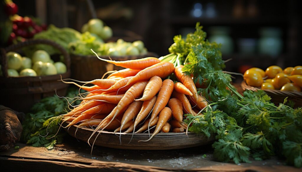 Fresh, organic vegetables on rustic wooden table, healthy eating outdoors generated by AI Free Photo