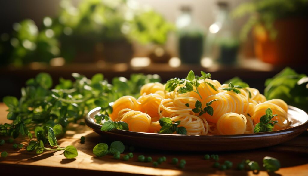 Fresh organic vegetarian meal on wooden table with green leaf generated by AI Free Photo