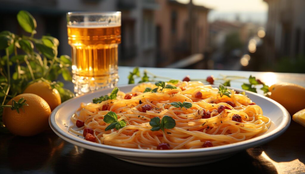 Fresh pasta and seafood meal on rustic wooden table generated by AI Free Photo