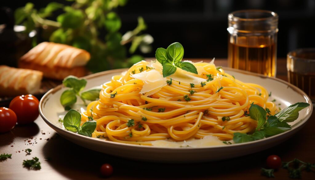 Fresh pasta meal on wooden table, healthy vegetarian lunch generated by AI Free Photo