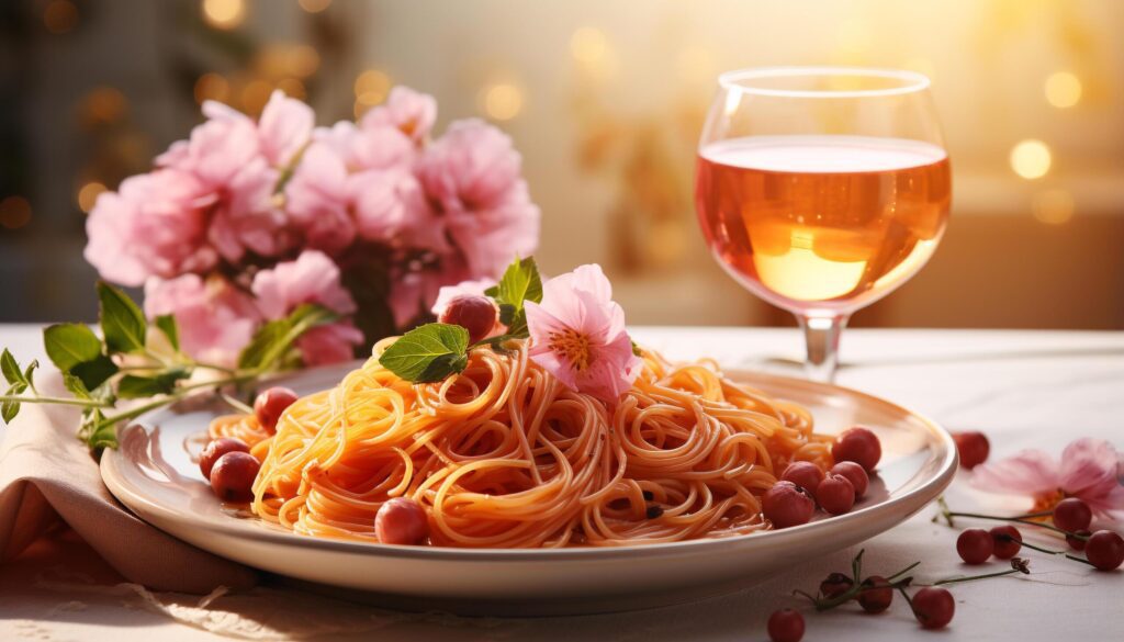 Fresh pasta on wooden table, paired with wine and herbs generated by AI Free Photo