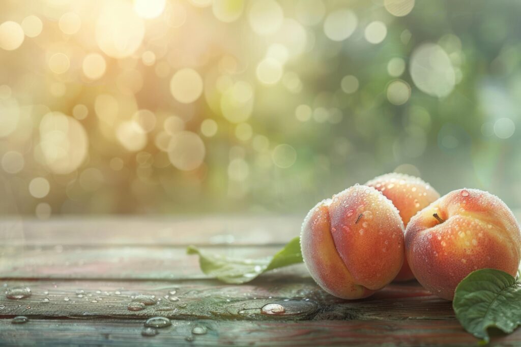 fresh peaches with dew drops in the sun on a wooden table, space for text Free Photo