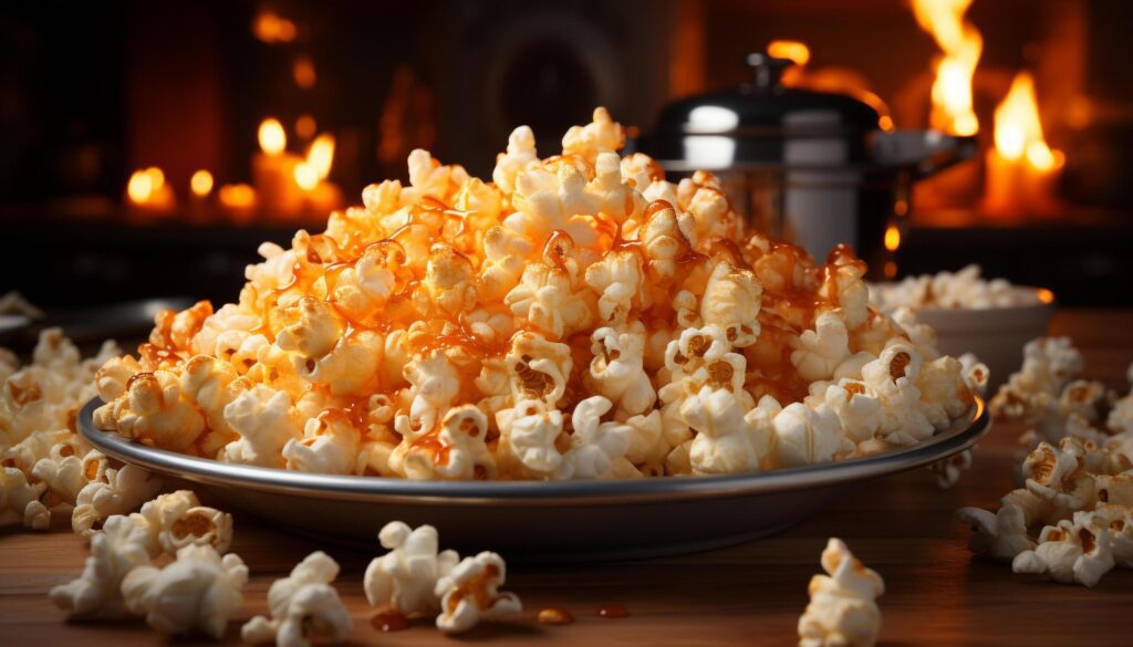 Fresh popcorn, buttered and golden, ready for movie night generated by AI Free Photo