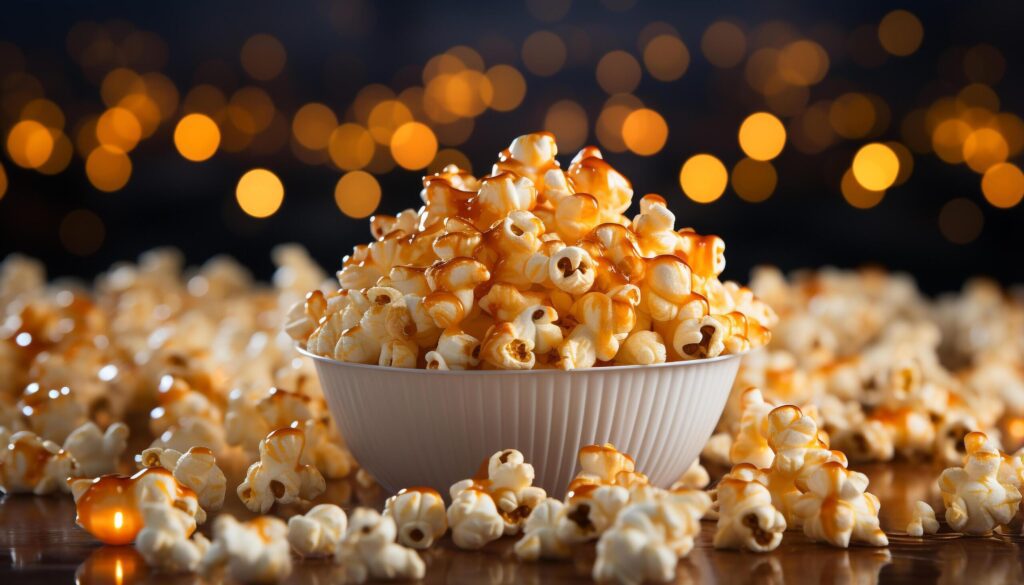 Fresh popcorn, candy, and butter perfect movie night snacks generated by AI Free Photo