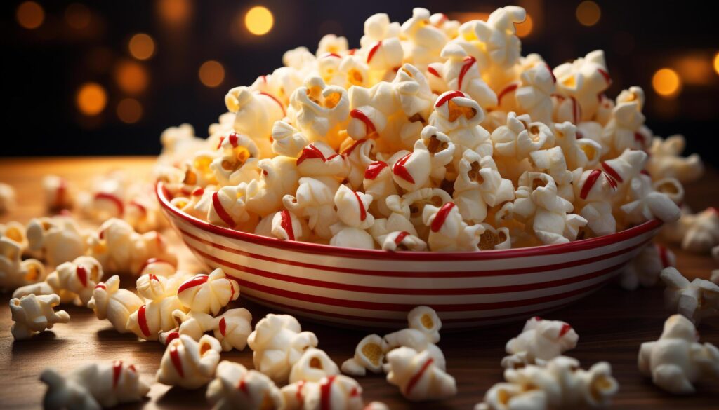 Fresh popcorn, candy, and soda for a fun movie night generated by AI Free Photo