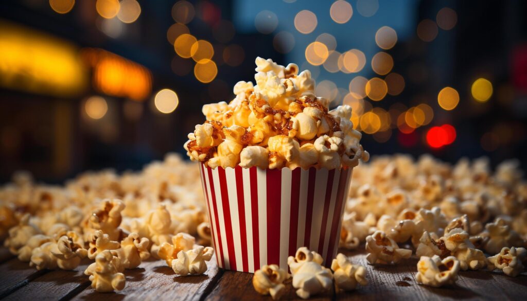 Fresh popcorn, candy, and soda for a movie night generated by AI Free Photo