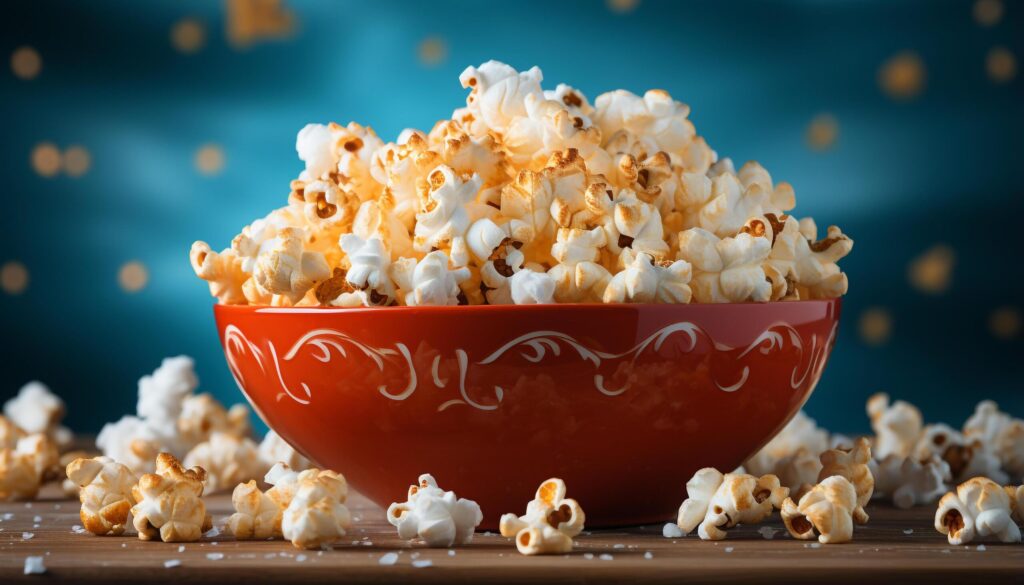 Fresh popcorn in a bowl, perfect movie theater snack generated by AI Free Photo