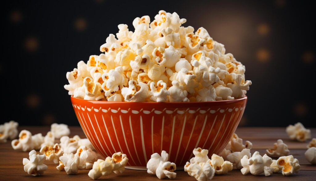 Fresh popcorn in a striped bucket, perfect movie theater snack generated by AI Free Photo