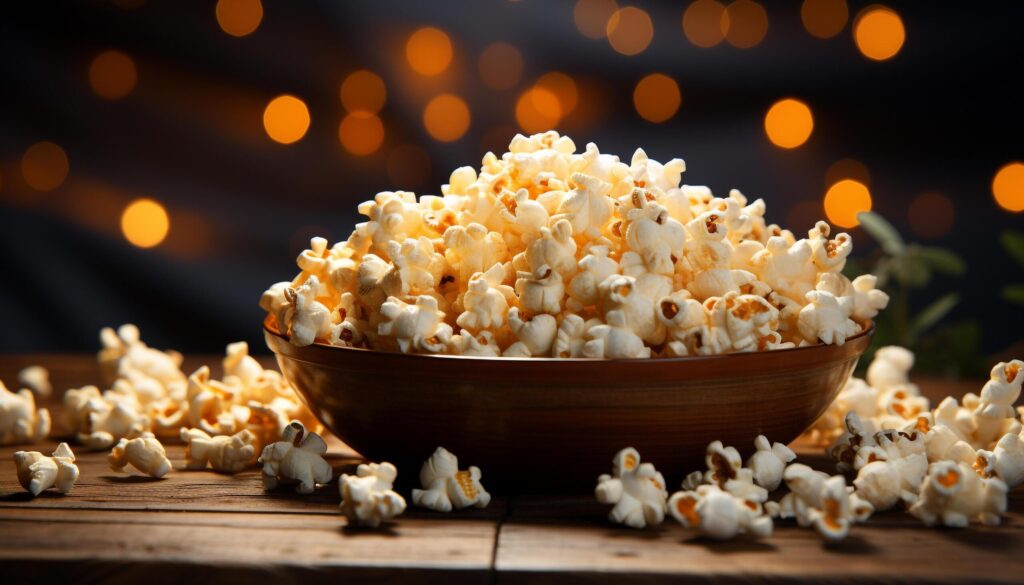 Fresh popcorn in a wooden bowl, perfect movie night snack generated by AI Free Photo