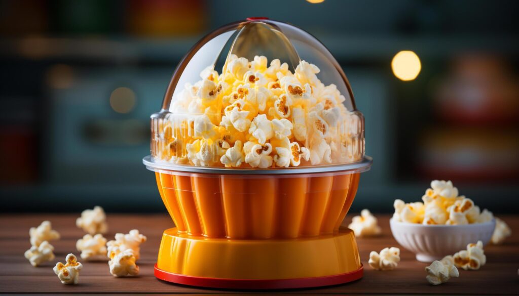 Fresh popcorn in a wooden bowl, perfect movie snack generated by AI Free Photo