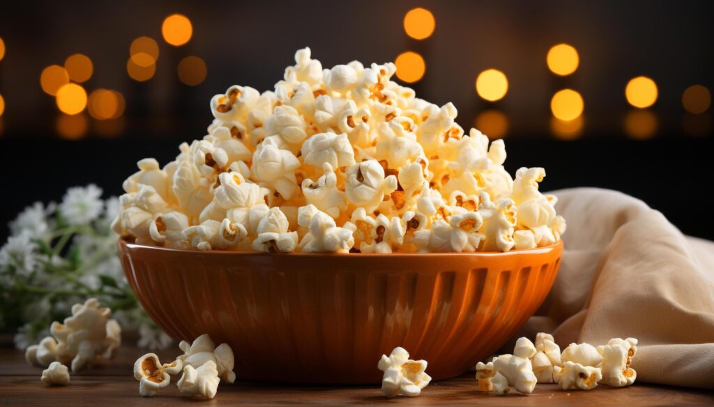 Fresh popcorn in a wooden bowl, perfect movie theater snack generated by AI Free Photo