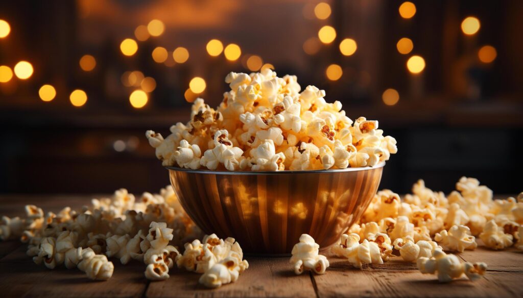 Fresh popcorn in a yellow bowl on a wooden table generated by AI Free Photo