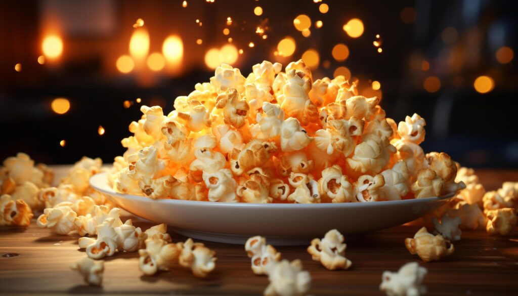 Fresh popcorn in a yellow bowl, perfect movie night snack generated by AI Free Photo