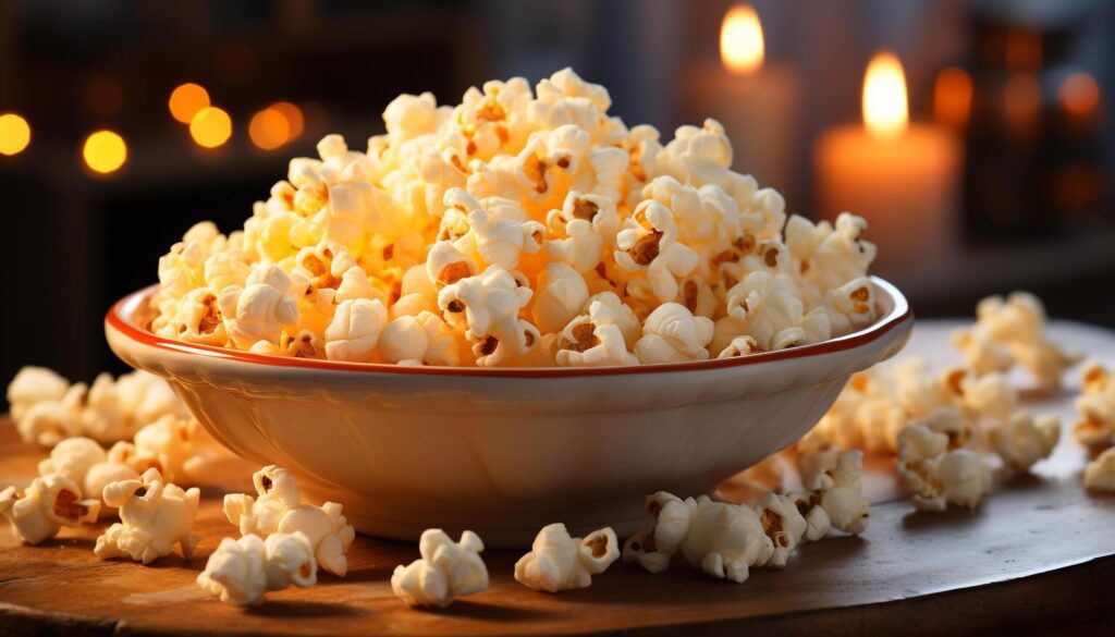 Fresh popcorn in a yellow bowl, perfect movie snack generated by AI Free Photo