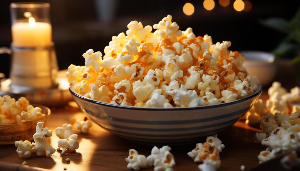 Fresh popcorn in a yellow bowl, perfect movie theater snack generated by AI Free Photo