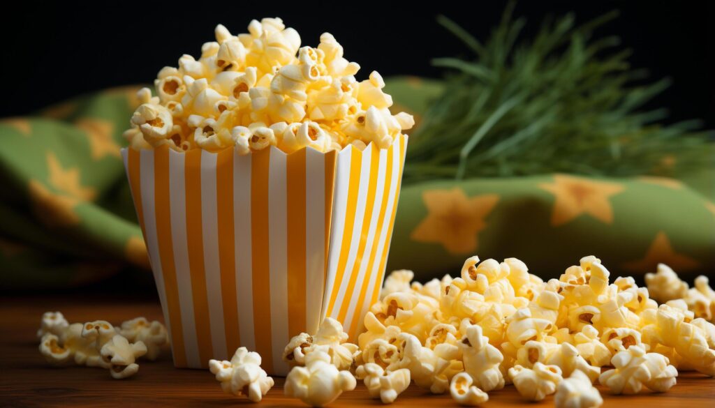 Fresh popcorn in striped bucket, perfect movie theater snack generated by AI Free Photo