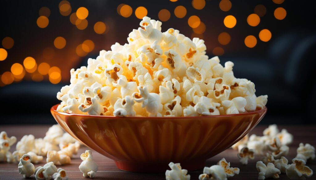 Fresh popcorn in yellow bowl, perfect movie theater snack generated by AI Free Photo