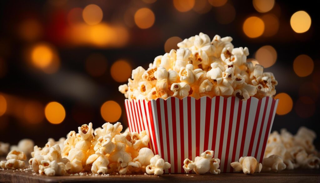 Fresh popcorn in yellow bucket, perfect movie theater snack generated by AI Free Photo