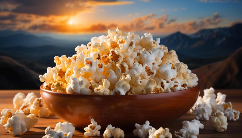 Fresh popcorn on wooden table, enjoying movie outdoors generated by AI Free Photo