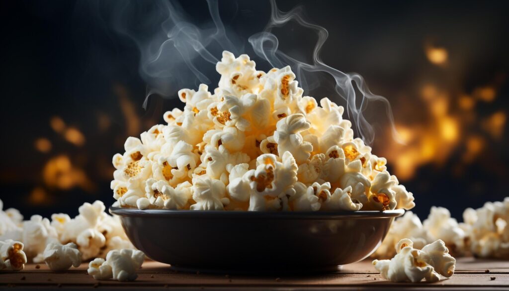 Fresh popcorn on wooden table in movie theater generated by AI Free Photo