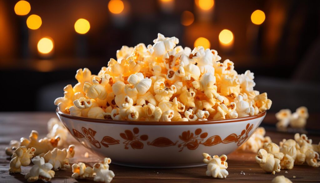 Fresh popcorn on wooden table, perfect movie night snack generated by AI Free Photo