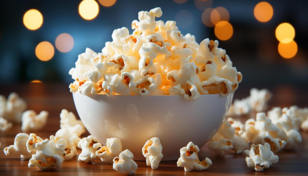 Fresh popcorn, sweet candy, and fluffy caramel for movie night generated by AI Free Photo