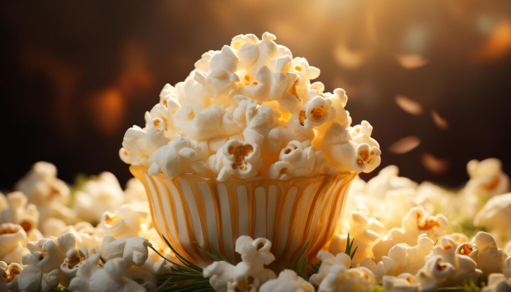 Fresh popcorn, sweet candy, indulgent caramel movie theater delight generated by AI Free Photo