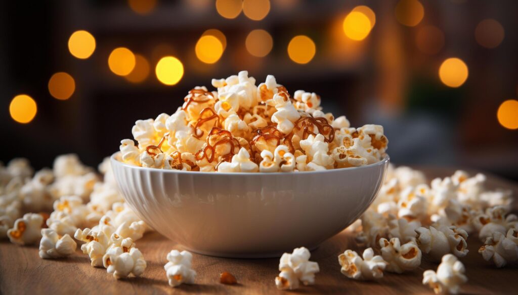 Fresh popcorn, sweet caramel, and a refreshing drink for the movie generated by AI Free Photo