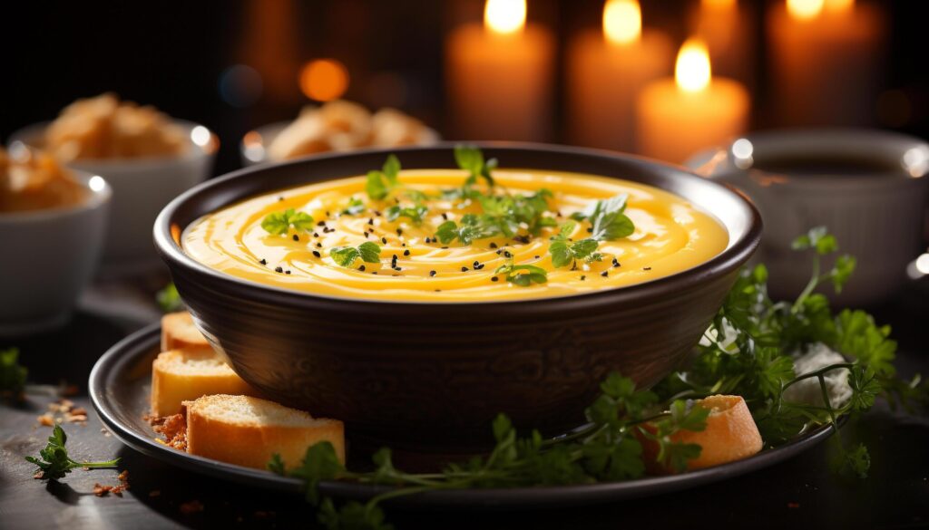 Fresh pumpkin soup, a gourmet vegetarian appetizer on a rustic table generated by AI Free Photo