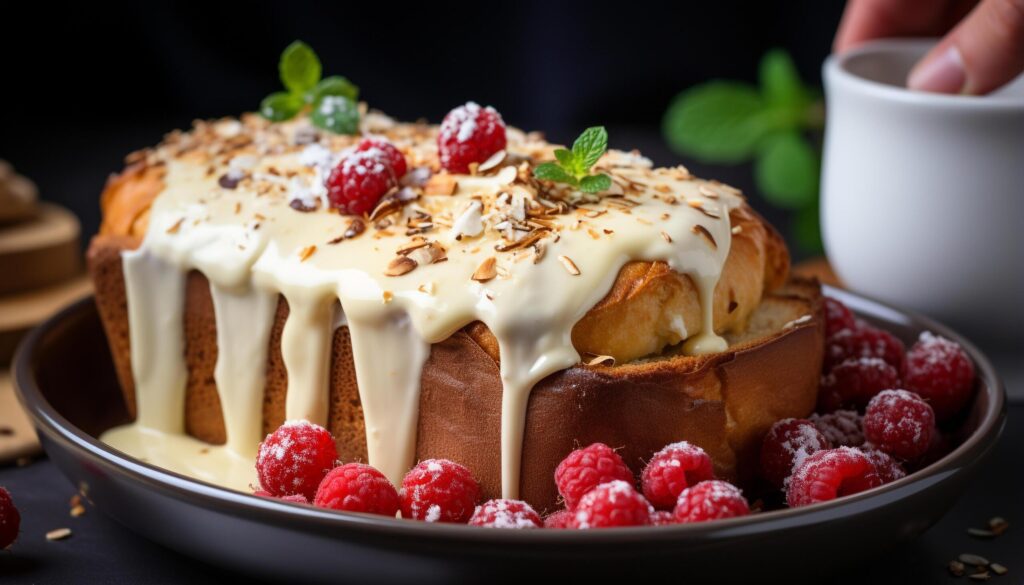 Fresh raspberry and chocolate cream on a homemade sweet pie generated by AI Free Photo