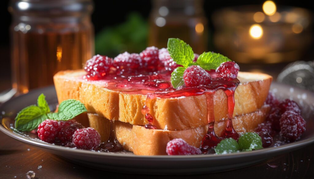 Fresh raspberry dessert on wooden plate with mint leaf garnish generated by AI Free Photo