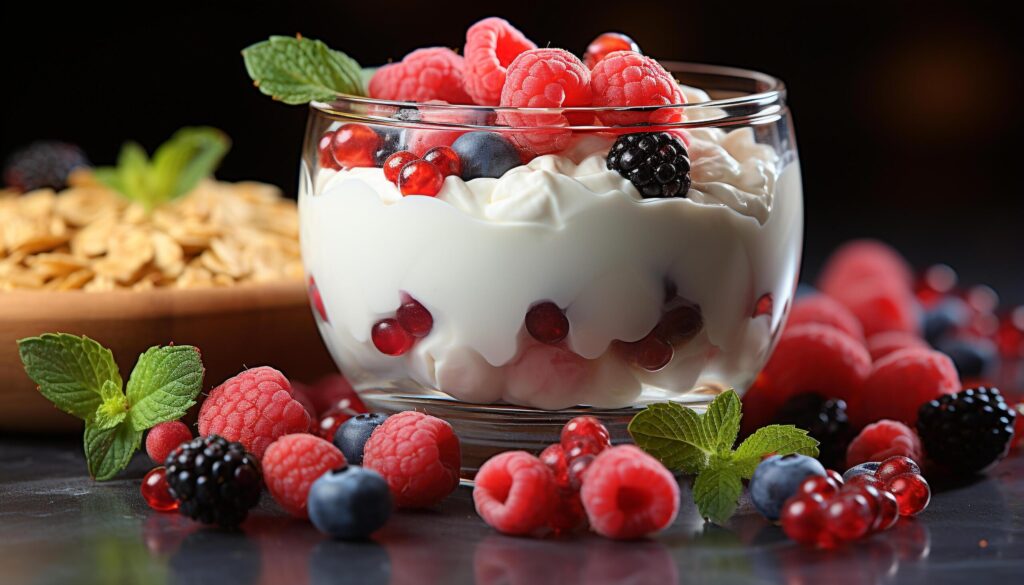 Fresh raspberry yogurt parfait on wooden table, healthy and delicious generated by AI Free Photo