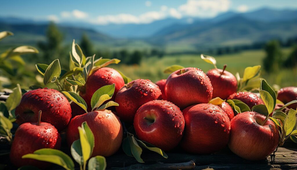 Fresh, ripe apple on green leaf in sunny orchard generated by AI Free Photo