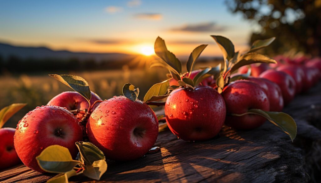 Fresh, ripe apple on rustic wooden table in nature generated by AI Free Photo